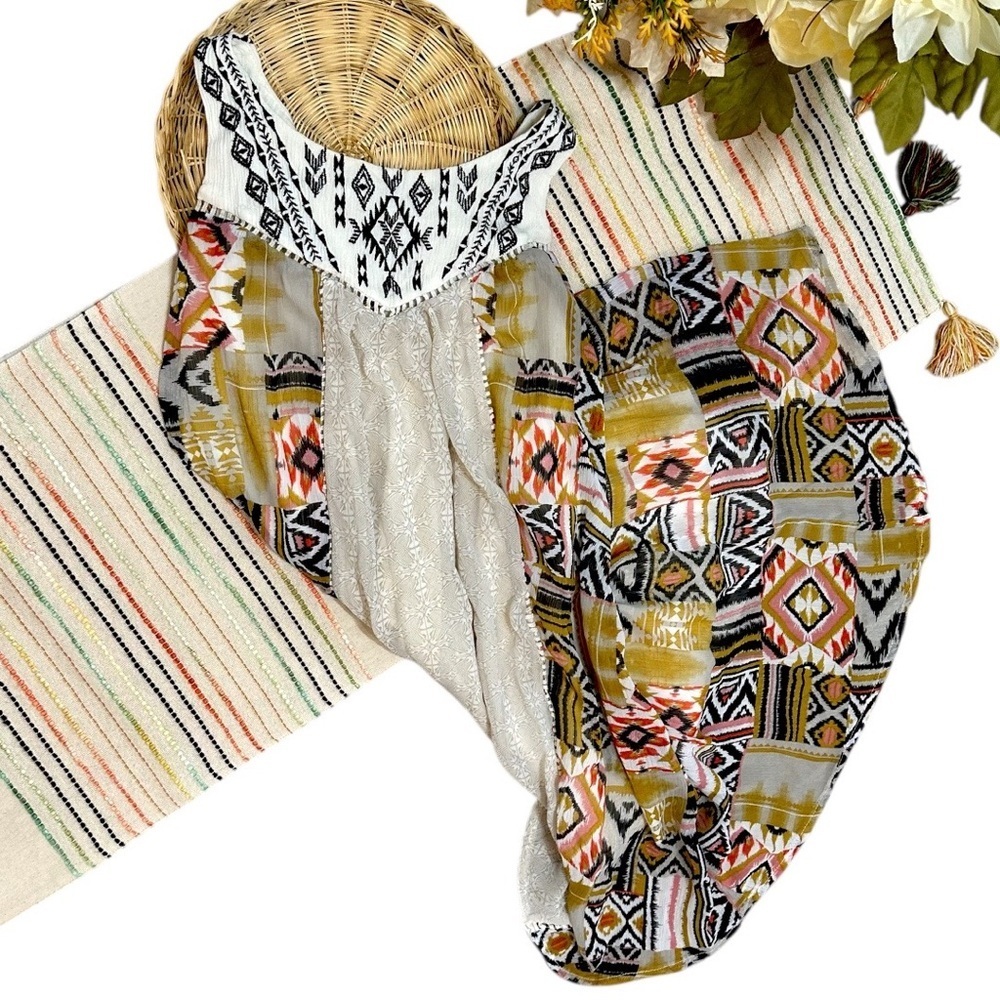 Rewind Dress Womens XS Cream Brown Embroidered Aztec Sleeveless Lined Boho Mini